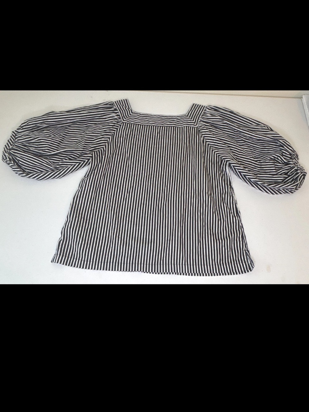 Striped Square Neck Puff Sleeve Blouse Top - Black & White - Picture 4 of 5